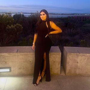 Long dress with open lace details and slit on leg